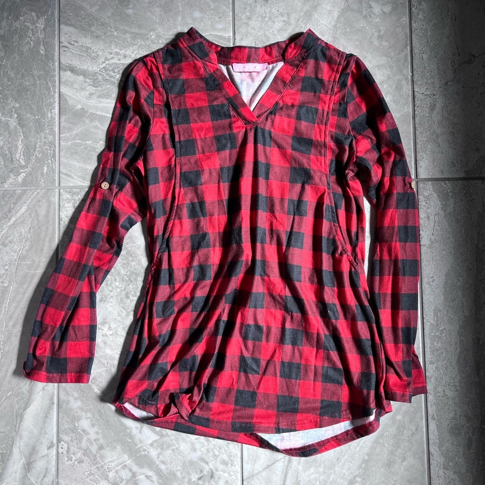 Red and Black Checkered Women's Button Down Shirt